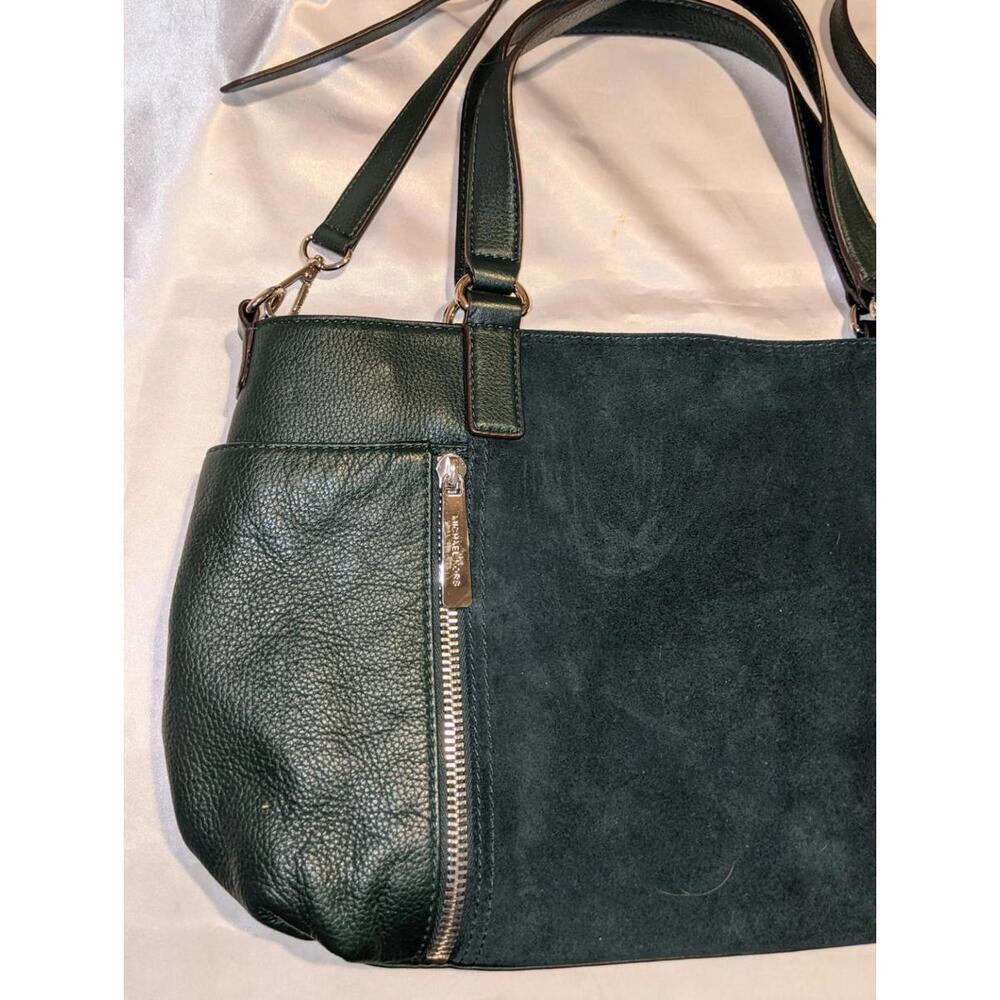 Michael Kors Dark Green Pebbled Leather and Suede Satchel Tote Zipper Detail EUC - Picture 3 of 13